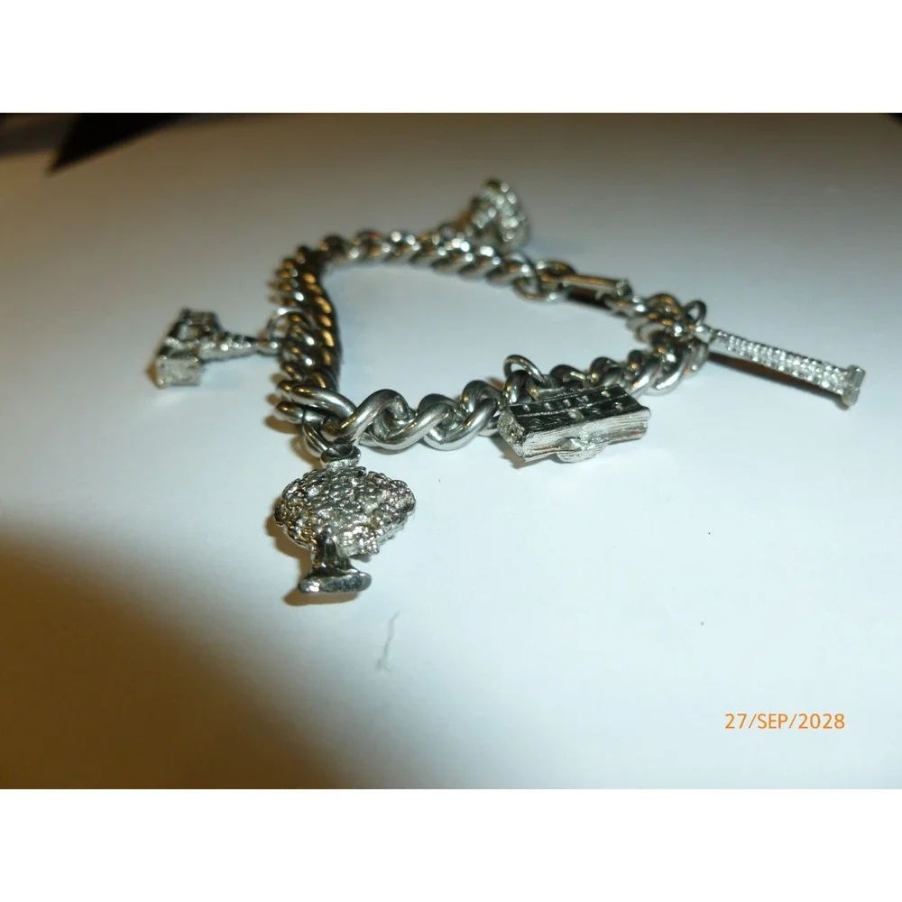 Vintage Silver Tone Curb Link Charm Bracelet 5 Charms Tree Building Monument 7in